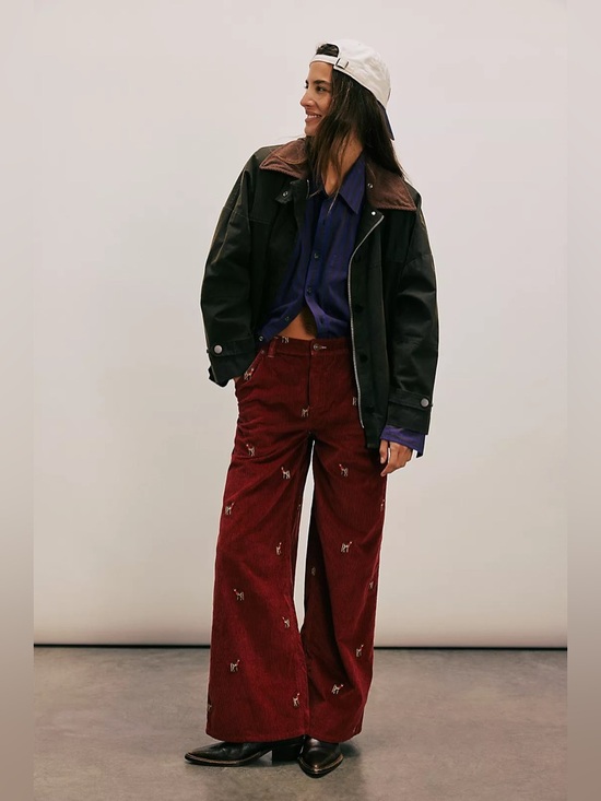 Free People Pants - Free People We The Free Clifton Embroidered Corduroy Wide Leg Burgundy Size 29